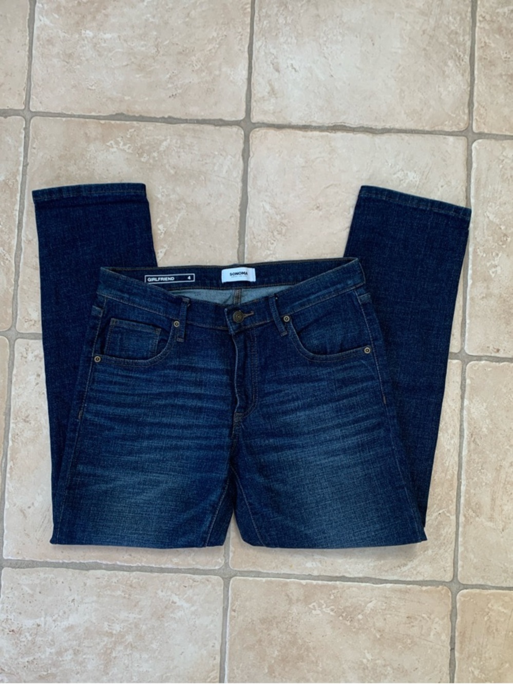 Cropped Dark Wash Blue Girlfriend Denim Jeans